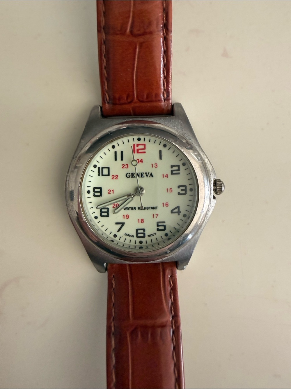 Geneva Men's Silver Case Watch with Brown Strap and White Dial